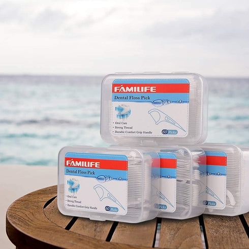 FAMILIFE Floss Picks, 240 Count Unflavored Dental Floss Picks with 4 Travel Handy Cases for Family