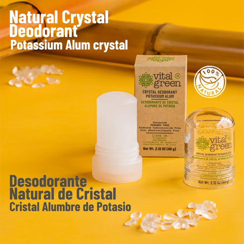 Vital Green Crystal Potassium Alum Deodorant, Unscented, 2.12oz / 60 g, For Men, Women, Athletes (1 Unit)