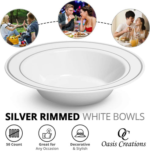 Silver Rimmed White Bowls, 5 Ounce, 50 Count, Hard Plastic, Disposable or Reusable Dessert, Salad, Cereal, Pasta Bowls