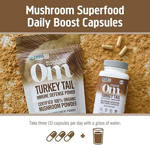 OM MUSHROOM SUPERFOOD Turkey Tail Mushroom Capsules - 90 Count Superfood Supplement for Immune Support, Gut Health &