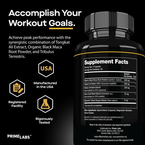 Prime Labs Tongkat Ali for Men with Organic Black Maca Root, Enhanced Performance, 60 Capsules