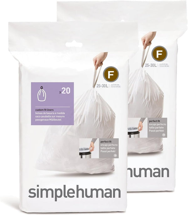 simplehuman Custom Fit Trash Can Liner F, 25 Liters / 6.5 Gallons, 20 Count (Pack of 2)