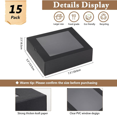 15 PCs Kraft Boxes with Window 7.3x5.3x2.5 Inch, Small Treat Cookie Bakery Boxes for Gift Giving, Dessert Boxes for Chocolate Strawberries, Donuts, Muffins, Cupcakes, Party Favor Treats (Black)