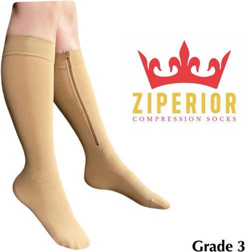 Ziperior 30-40 mmHg 3 Inside Leg Zipper Compression Grade Calf Closed Toe Socks
