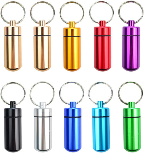 10 Pcs Portable Pill Case, Bantoye Waterproof Aluminum Pill Holders with Keychain for Outdoor Camping Traveling,
