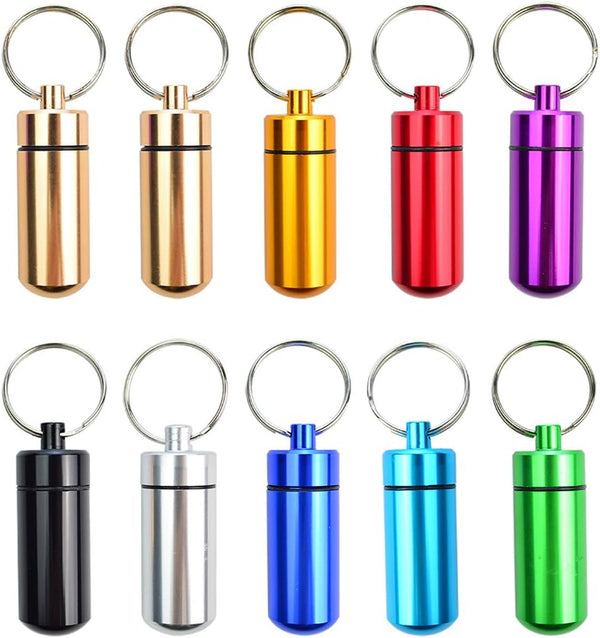 10 Pcs Portable Pill Case, Bantoye Waterproof Aluminum Pill Holders with Keychain for Outdoor Camping Traveling,
