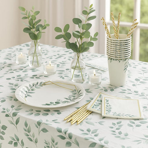 Set 24 Oojami Floral Party Supplies for Eucalyptus Greenery Plates, Cups, Napkins, Straws & Table Covers, Disposable