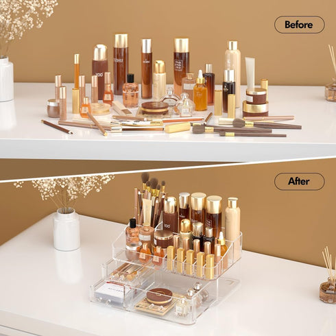 Makeup Organizer for Vanity, Large Acrylic Desk Holder with Drawers, Ideal for Cosmetics, Lipsticks, Nail Polish,
