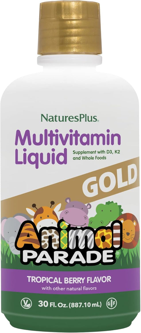 NaturesPlus Animal Parade Source of Life Gold Children's Liquid Multivitamin, 30 OZ, Natural Tropical Berry Flavor, 60