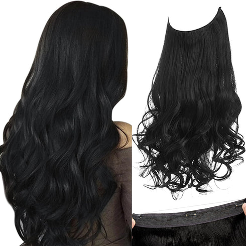 SARLA Black Invisible Wire Hair Extensions, Wavy Curly Synthetic Hairpiece, 16 Inch for Women