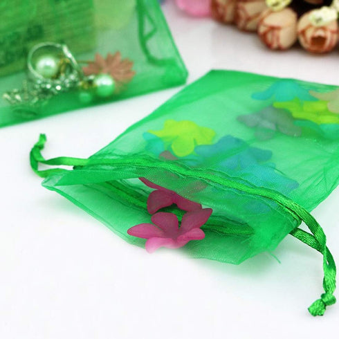 100pcs 4x6 inch Gifts Wrap Bags - Green Organza Sheer Fabric Bulk, Drawstring Reusable Pouch for Baby Shower Favor