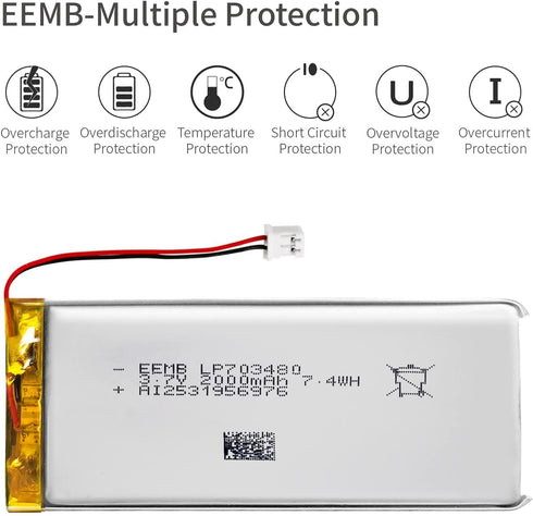 EEMB 3.7V 2100mAh 703480 Lipo Lithium Polymer Battery Pack with Wire JST Connector for Speaker and Wireless Device