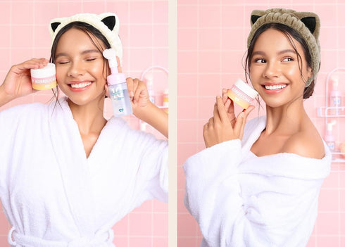 Huachi 2 Packs Cute Cat Spa Headband: Soft Coral Fleece Facial Wash Hair Accessories for Women & Girls (Beige+ Khaki)