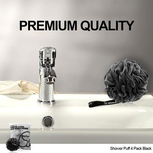 Shower Puff 4 Pack Black Bath Sponge, Shower Loofahs Pouf Ball Nature Bamboo Charcoal Mesh Bulk Puffs, Large Shower