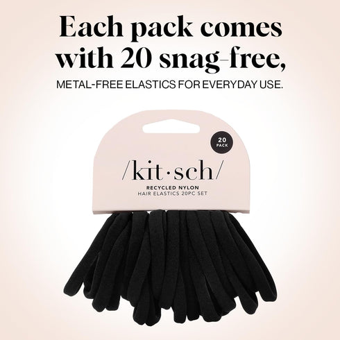 Kitsch Black Hair Ties, 20pcs No Damage Strong Stretchy Hair Bands, Soft Nylon Ponytail Holders for Updos & Braids
