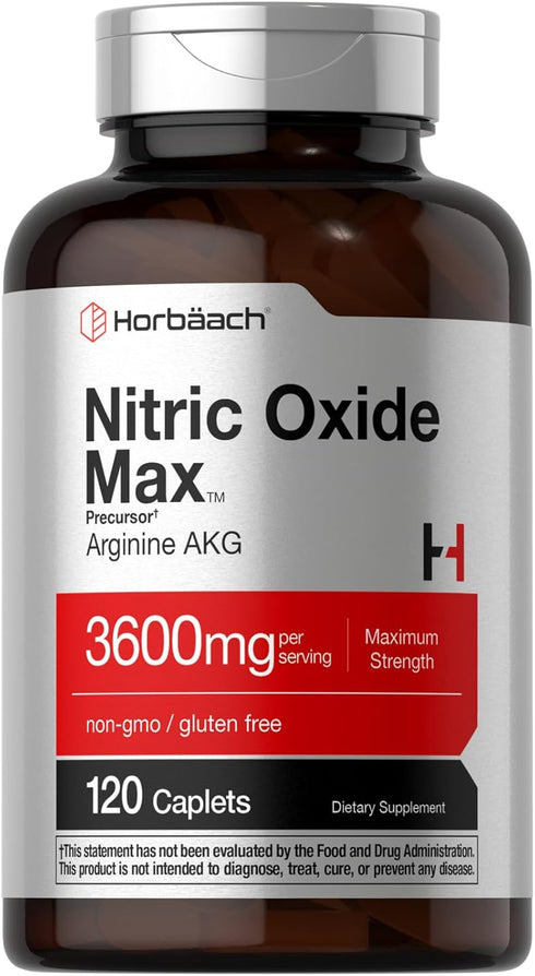 Horbaach Nitric Oxide Max 3600mg | 120 Caplets | Vegetarian, Non-GMO, Gluten Free Pre Workout Supplement with Arginine