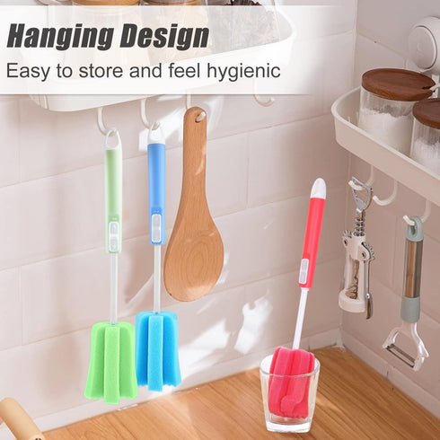 3 Pack Soft Foam Sponge Cleaning Brush Set, Adjustable Long Plastic Handle, Bottle Scrubber for Home Kitchen