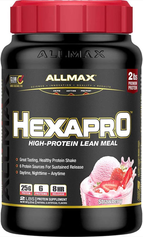 ALLMAX HEXAPRO, Strawberry - 2 lb - 25 Grams of Protein Per Serving - 8-Hour Sustained Release - Zero Sugar, 21 Servings