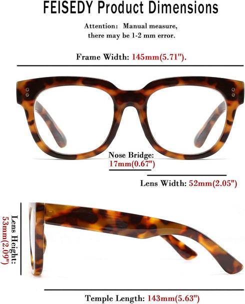 FEISEDY Retro Square Thick Big Frame Blue Light Blocking Reading Glasses, Anti Glare Digital Eyestrain Reader B2523