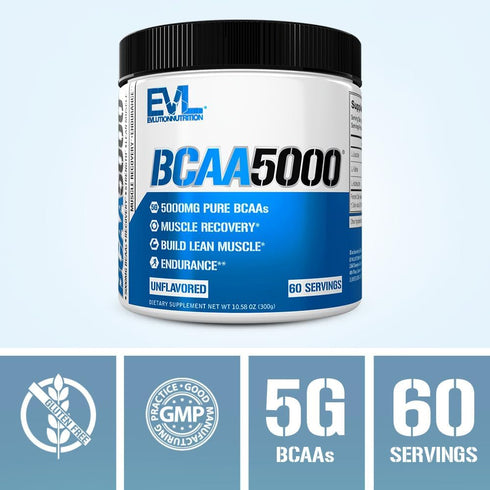 Evlution EVL BCAAs Amino Acids Powder - Unflavored Powder for Post Workout Recovery Drink and Stim Free Pre Workout