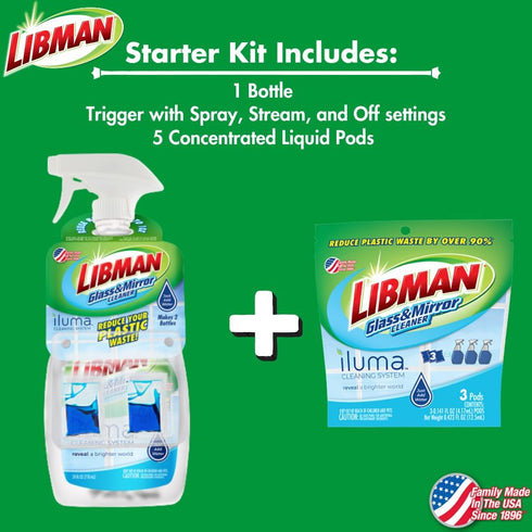 Libman Iluma Glass & Mirror Cleaner, 24 fl oz Refillable Bottle with 5 Total Concentrated Dissolvable Pods