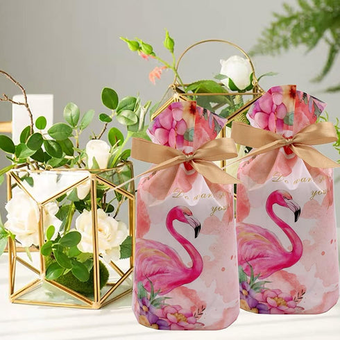 Elwish 24pcs Plastic Drawstring Flamingo Treat Bags for Birthday Party, Wedding, Baby & Bridal Showers
