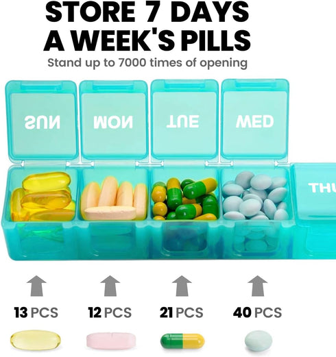 Sukuos Extra Large Weekly Pill Organizer, 7 Day Daily Pill Box Case, Arthritis Friendly, Clear Lid for Vitamins, Cyan