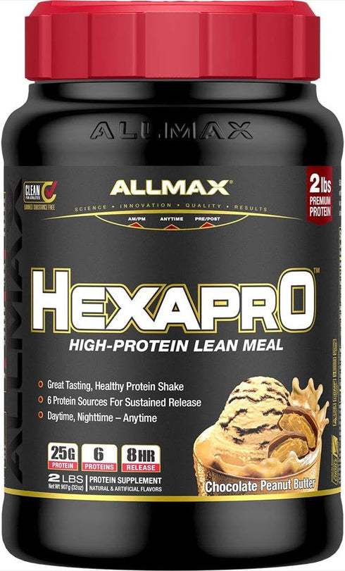 ALLMAX HEXAPRO, Chocolate Peanut Butter, 2 lb, 25g Protein Per Serving, Zero Sugar, 21 Servings