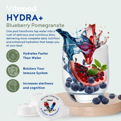 Vitapod Hydra+ Blueberry Pomegranate Healthy Hydration Mix - 30 Pods, Electrolytes, Antioxidants, Vitamin C, A, D, E