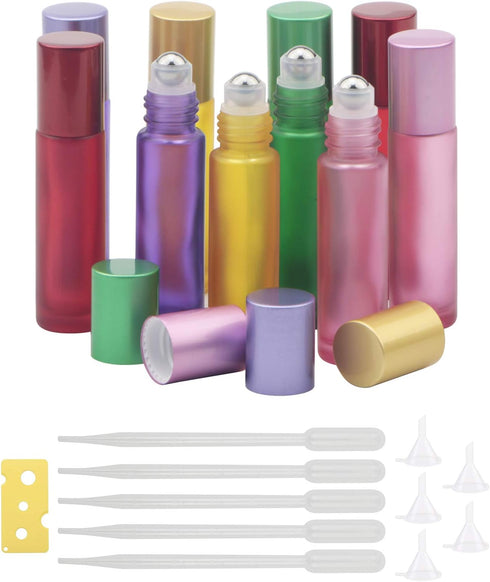 JIUWU 10pcs 10ml Essential Oils Stainless Steel Roller-on Bottles - Refillable Perfume Vials with Droppers