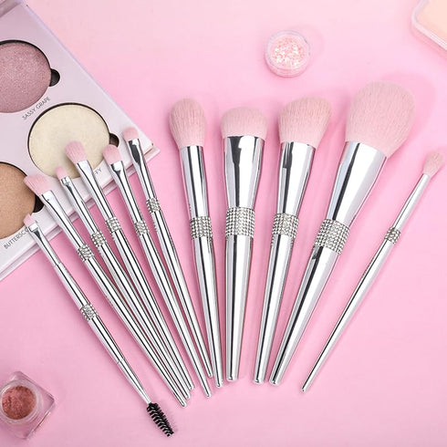 Professional Makeup Brush Set - Luxury 11pcs Silver Glitter Crystal Kit with Vegan Soft Synthetic Hair