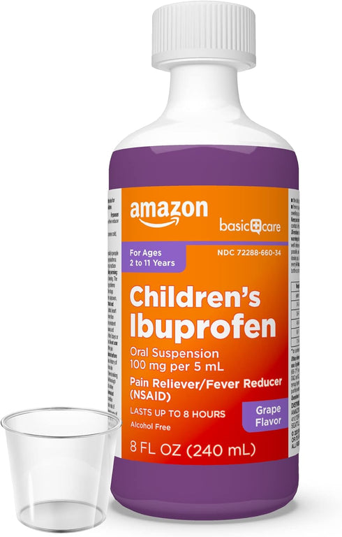 Amazon Basic Care Children's Ibuprofen Oral Suspension 100 mg per 5 mL, Pain Reliever, Grape Flavor, 8 fl oz