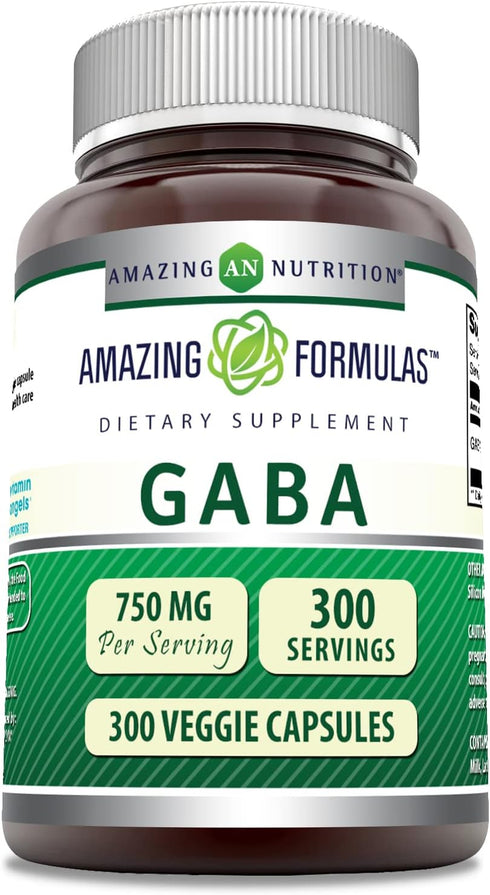 Amazing Formulas GABA 750mg Per Serving Veggie Capsules Supplement | Non-GMO | Gluten Free | 300 Count Made in USA