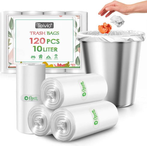 Teivio 10 Liter Strong Trash Bags, 120 Counts, 2.5 Gallon Garbage Bags, Clear, Bathroom Trash Can Liners for Home Office