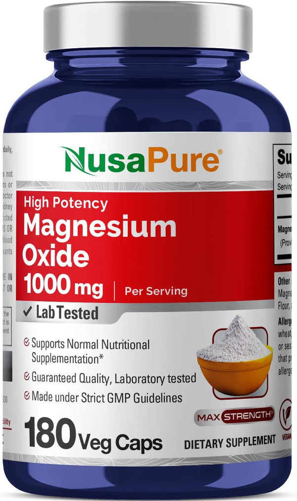 NusaPure Magnesium Oxide 1,000mg per Serving, 180 Veggie Caps (Non-GMO, Vegan)