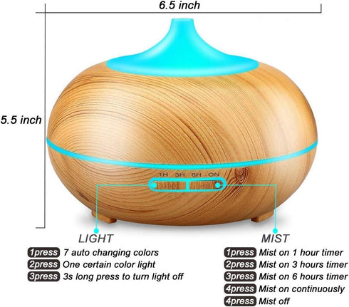 JoySusie 500ml 4 Settings, Aroma Essential Oil Diffuser, Wood Grain Ultrasonic Cool Mist Whisper-Quiet Humidifier