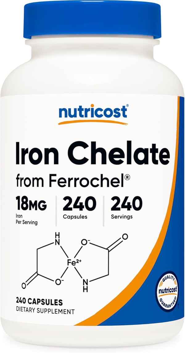 Nutricost Chelated Iron 18mg from Ferrochel, 240 Capsules, Gluten Free, Non-GMO