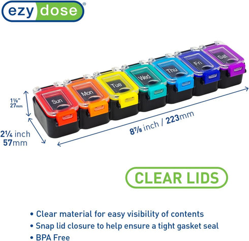 EZY DOSE Weekly (7-Day) Pill Planner, Medicine Case, Vitamin Organizer Box, Waterproof Locking Compartments to Secure Prescription Medication and Prevent Accidental Spilling, Rainbow