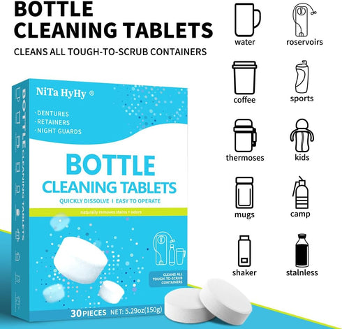 Set 30 Bottle Cleaning with Long Handle Brush and Dissolving Tablets, for Thermos, Coffee Pot, Glass, Tumbler