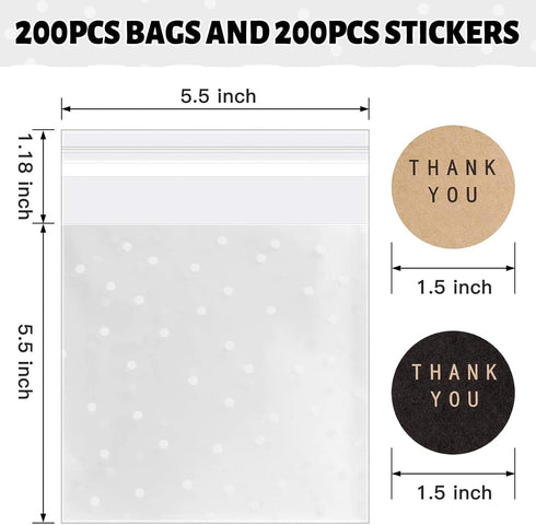 200PACK Self Adhesive Cookie Bags, Cellophane Treat Bags with Stickers, 5.5x5.5 INCH (White Polka Dot)