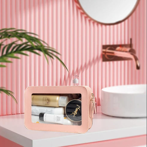Clear Makeup Bag Organizer, TSA Approved Portable Travel Cosmetic Bag for Women, Pink Vegan Leather