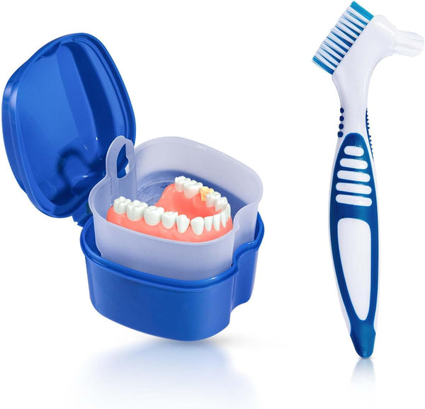 Blue Denture Bath Case Cup Holder, Storage Container with Cleaner Brush and Strainer Basket for Travel Cleaning