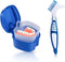Blue Denture Bath Case Cup Holder, Storage Container with Cleaner Brush and Strainer Basket for Travel Cleaning
