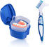 Blue Denture Bath Case Cup Holder, Storage Container with Cleaner Brush and Strainer Basket for Travel Cleaning