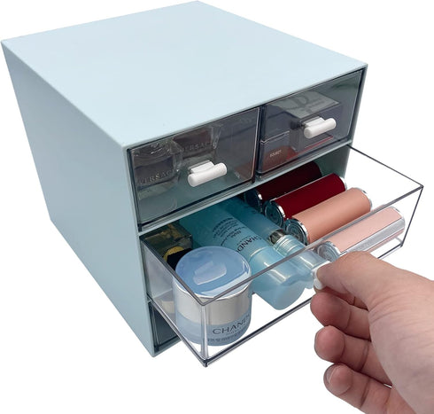 Makeup Organizer, Desk Organizer with 4 Drawers, Vanity Cosmetic Storage Box for Bathroom Counter or Dresser, Blue