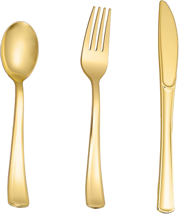 N9R 160pcs Gold Plastic Silverware, Gold Utensils Set, 80 Gold Forks, 40 Spoons, 40 Knives Disposable Cutlery for
