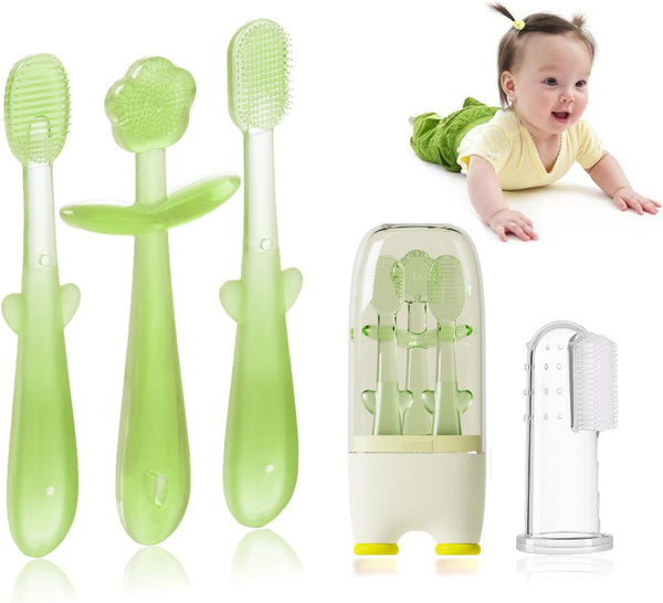 FOKiiBO Baby Silicone Toothbrush Set, Includes Toothbrush + Tongue Brush + Finger Toothbrush + Cup for Training, 0-18M