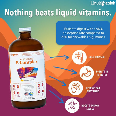 LIQUIDHEALTH 32 Oz Vitamin B Complex Liquid Multivitamin for Women & Men, Super B Complex, Mega B Vitamins Energy Supplement with B1, B2, B3, B5, B6, Methyl B12 Liquid, Folate & Biotin