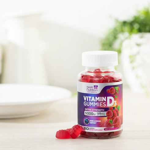 Vitamin D3 Gummies Extra Strength 5000 IU (125 mcg), 60 Gummies - Bone, Teeth, Muscle & Immune Support