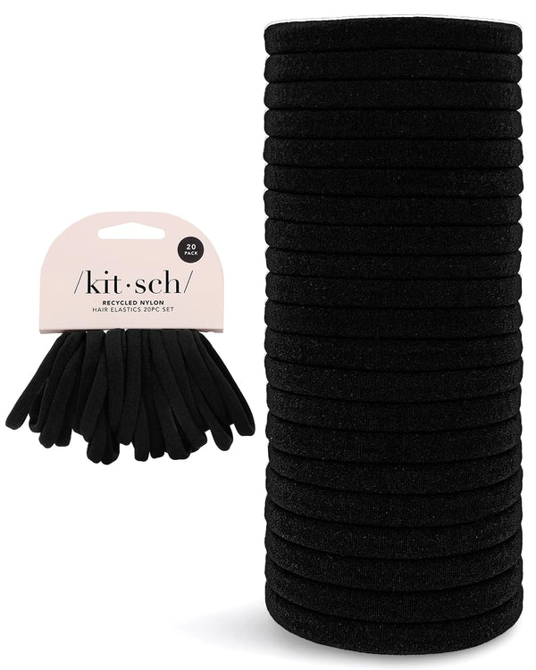 Kitsch Black Hair Ties, 20pcs No Damage Strong Stretchy Hair Bands, Soft Nylon Ponytail Holders for Updos & Braids